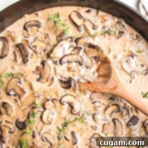 Close up of cast iron skillet filled with creamy vegan sauce, loaded with sliced mushroom, fresh thyme and a wooden spoon stirring it.