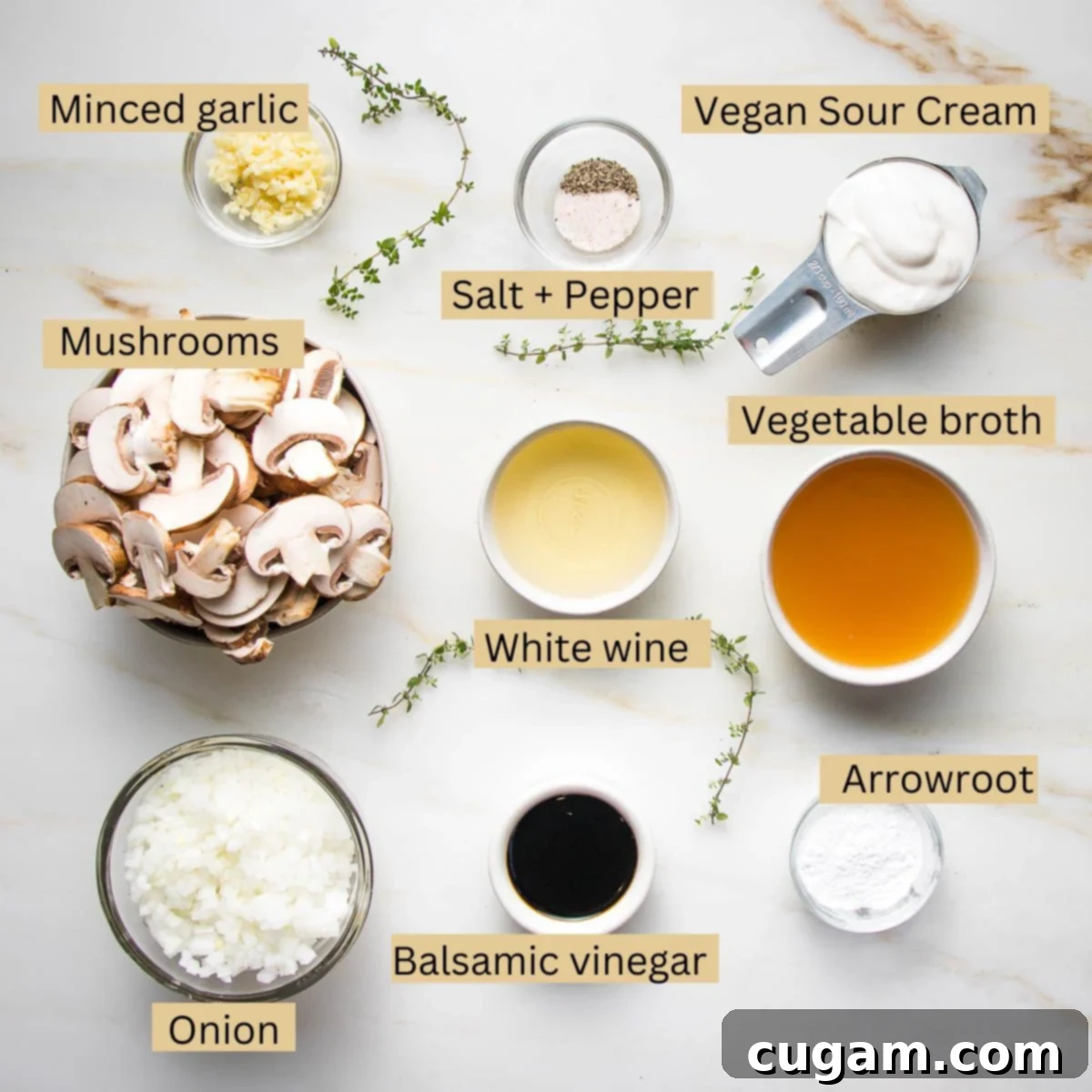 Labeled ingredients for vegan mushroom stroganoff: minced garlic, a bowl of vegan sour cream, fresh mushrooms, vegetable broth, white wine, an onion, balsamic vinegar, and arrowroot powder.