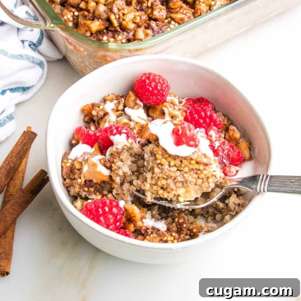 A cozy bowl of freshly baked quinoa, generously topped with creamy plant-based yogurt and a scattering of vibrant fresh raspberries, ready to be enjoyed as a wholesome breakfast.