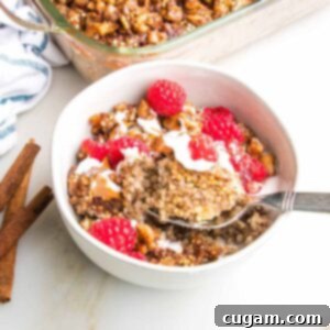 Baked quinoa scooped into a bowl, topped with creamy plant-based yoghurt and fresh berries, ready to be enjoyed.