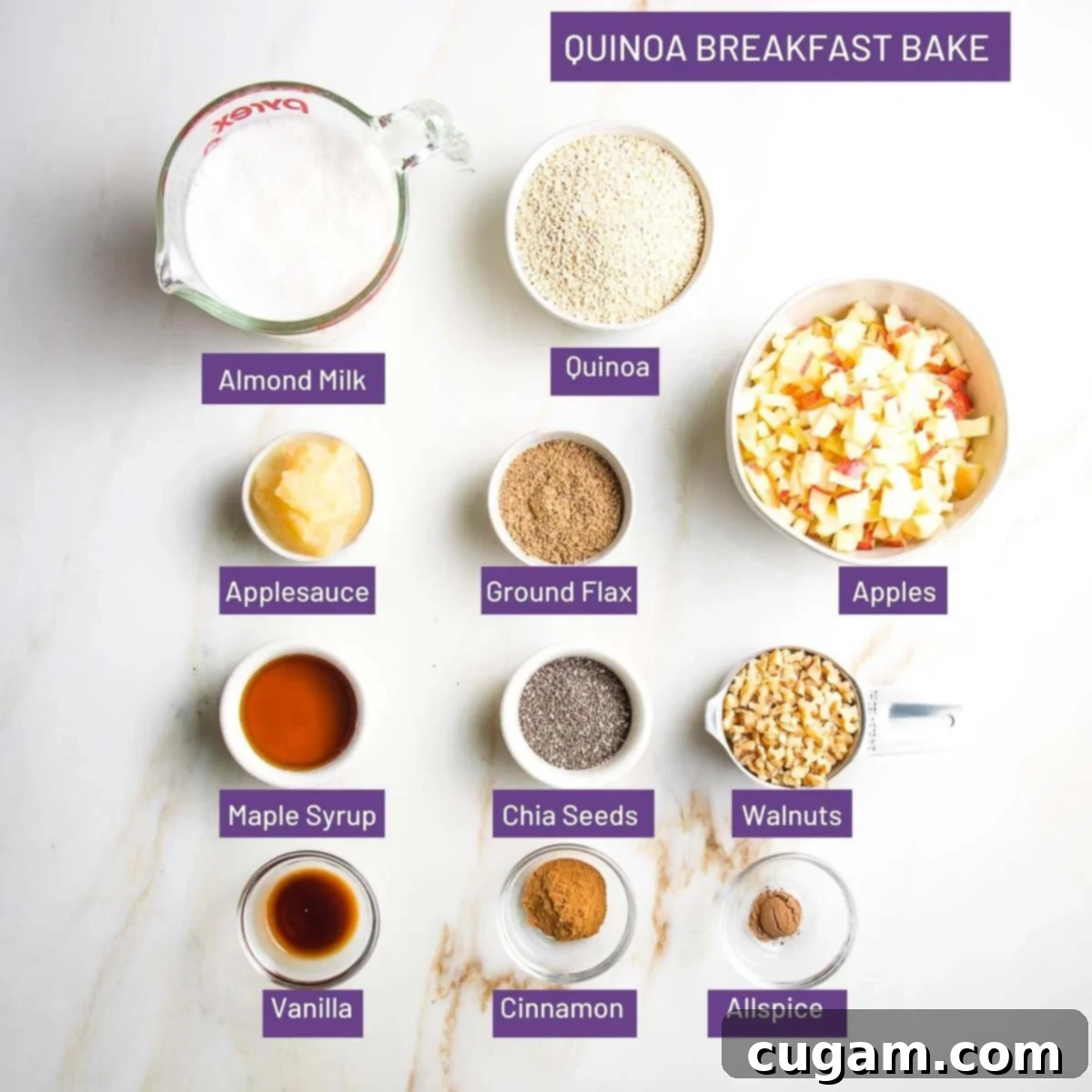 Carefully arranged small bowls on a wooden surface displaying all the labeled ingredients needed for the baked quinoa: plant-based milk, uncooked quinoa, diced apples, chia seeds, walnuts, warming spices, pure maple syrup, and unsweetened applesauce, ready for mixing.