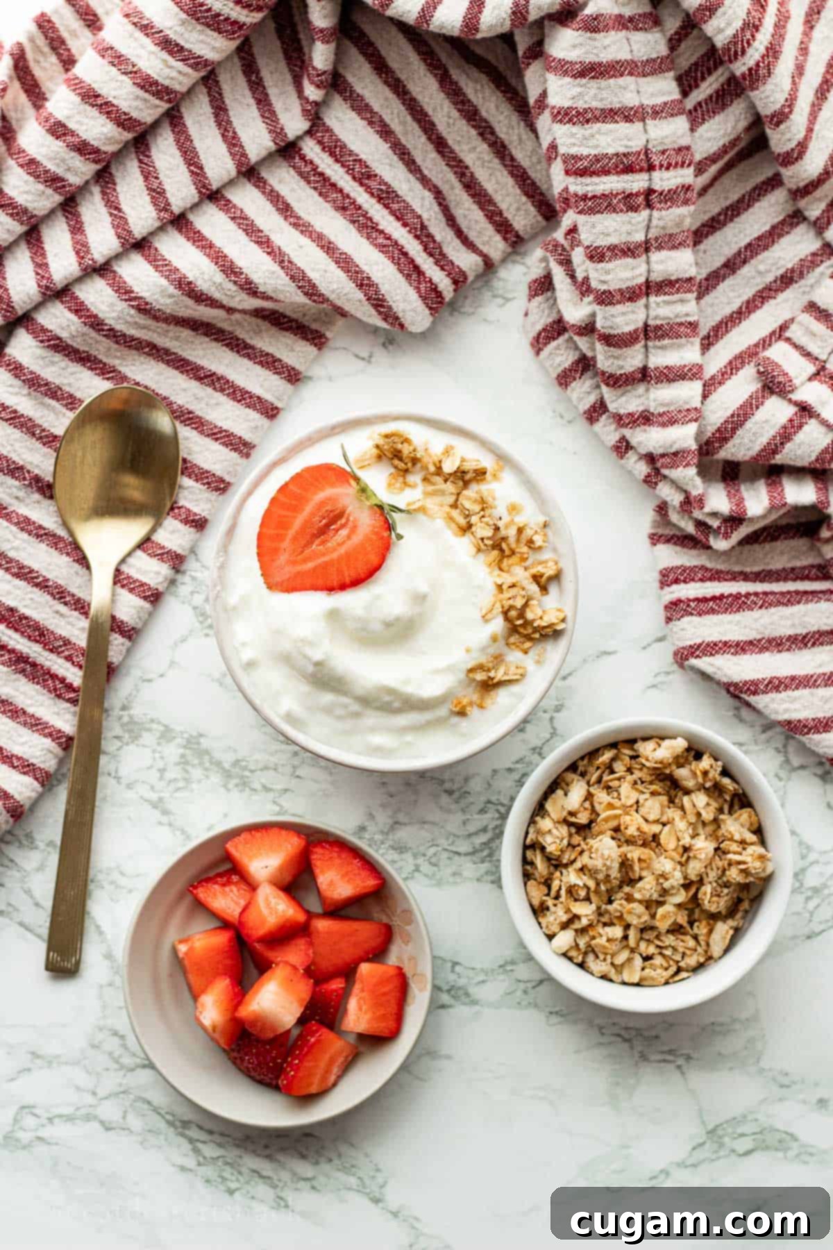 Glass bowls of homemade greek yogurt, strawberries, and granola on marble countertop.