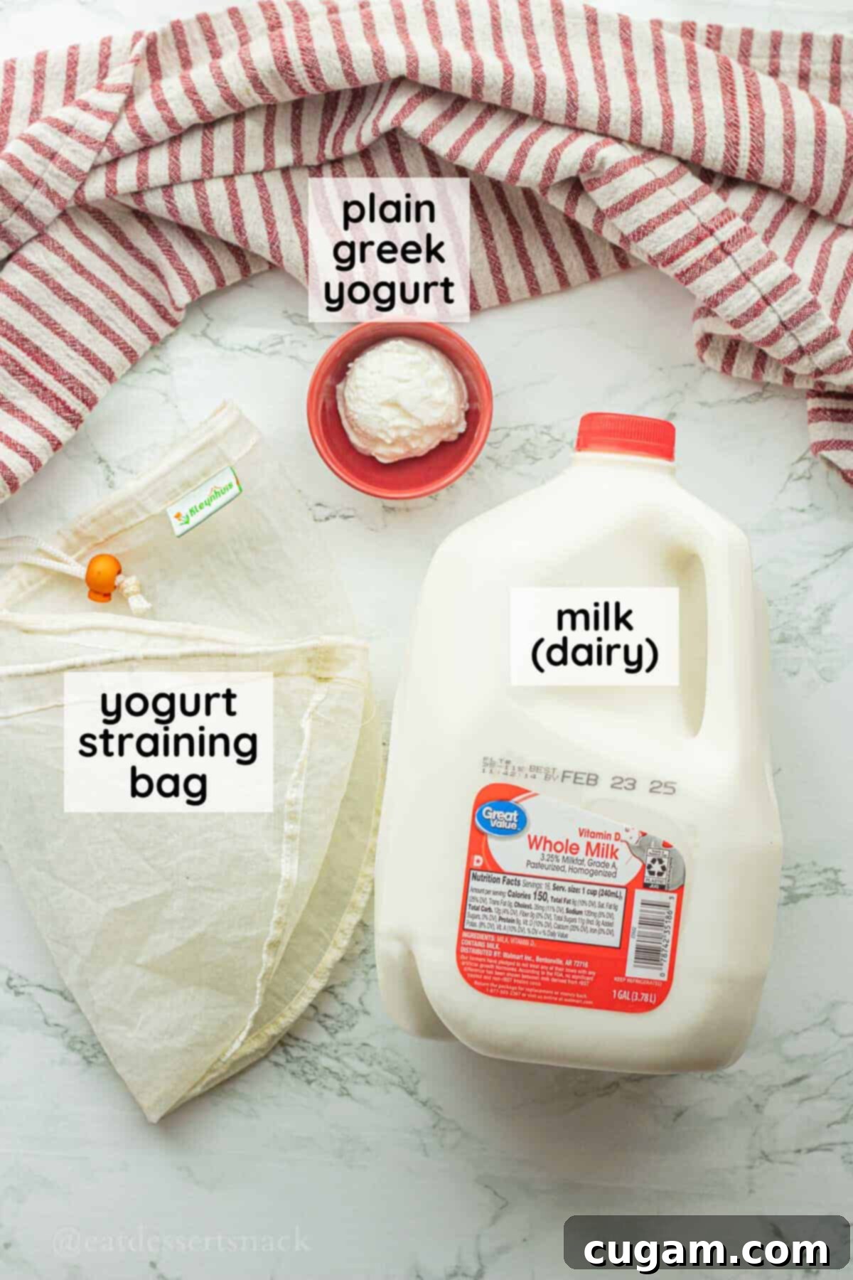 Milk, yogurt, and yogurt straining bag on marble countertop.
