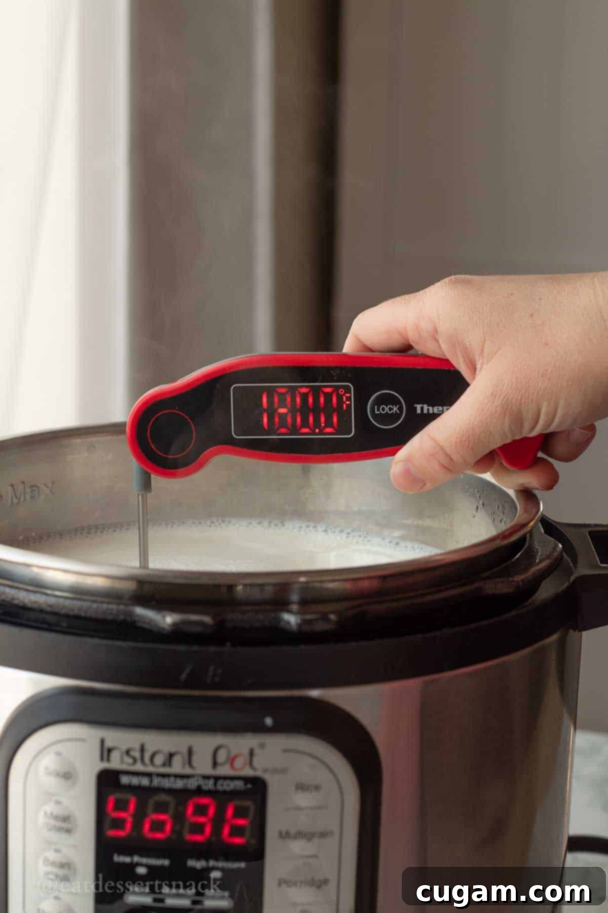Thermometer reading 180℉ in instant pot of milk.