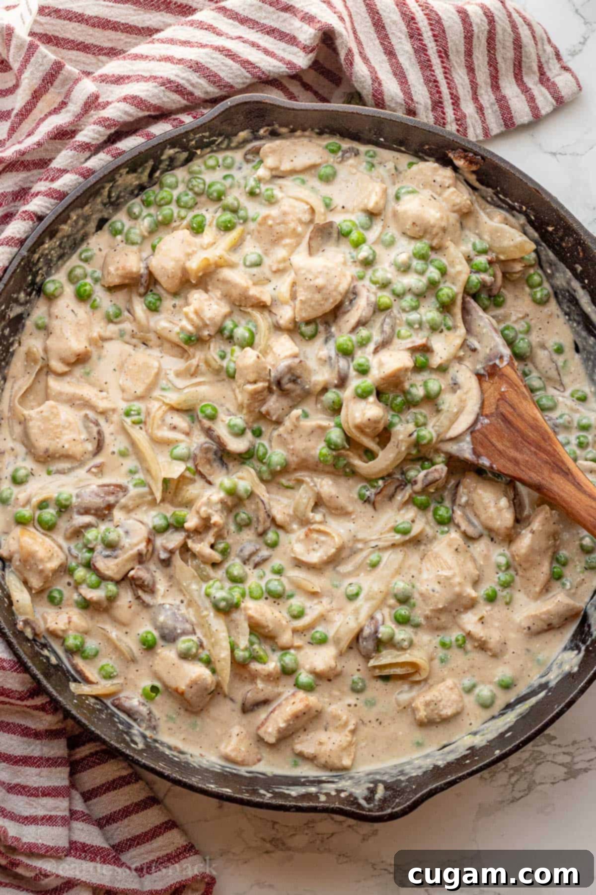 Finished chicken mushroom stroganoff simmering in a black pan, ready to be served.