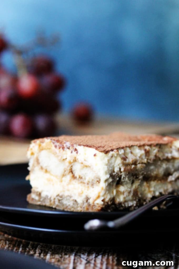A beautifully presented, classic Italian Tiramisu dessert, inviting and delicious looking.