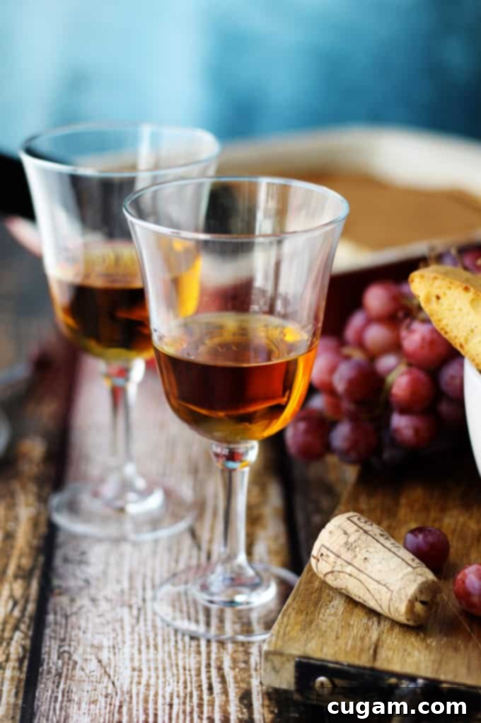 A rustic display featuring a glass of amber-colored Vin Santo, surrounded by fresh grapes, dried figs, and a wooden barrel, hinting at its traditional production.