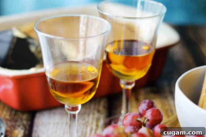 A close-up of a glass of amber-gold Romandolo dessert wine, with a focus on its inviting color, complemented by small desserts.