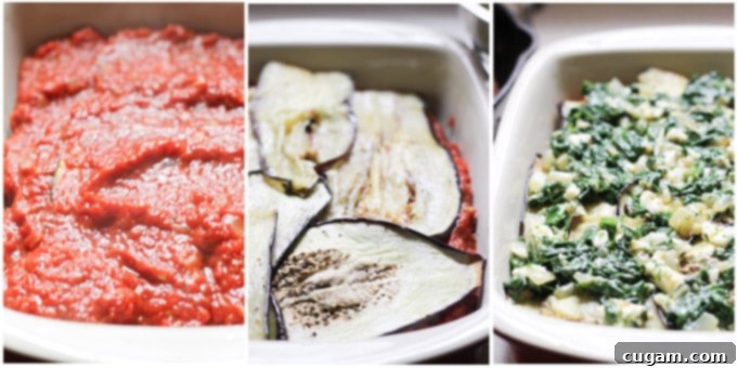 Assembling Greek vegetarian moussaka