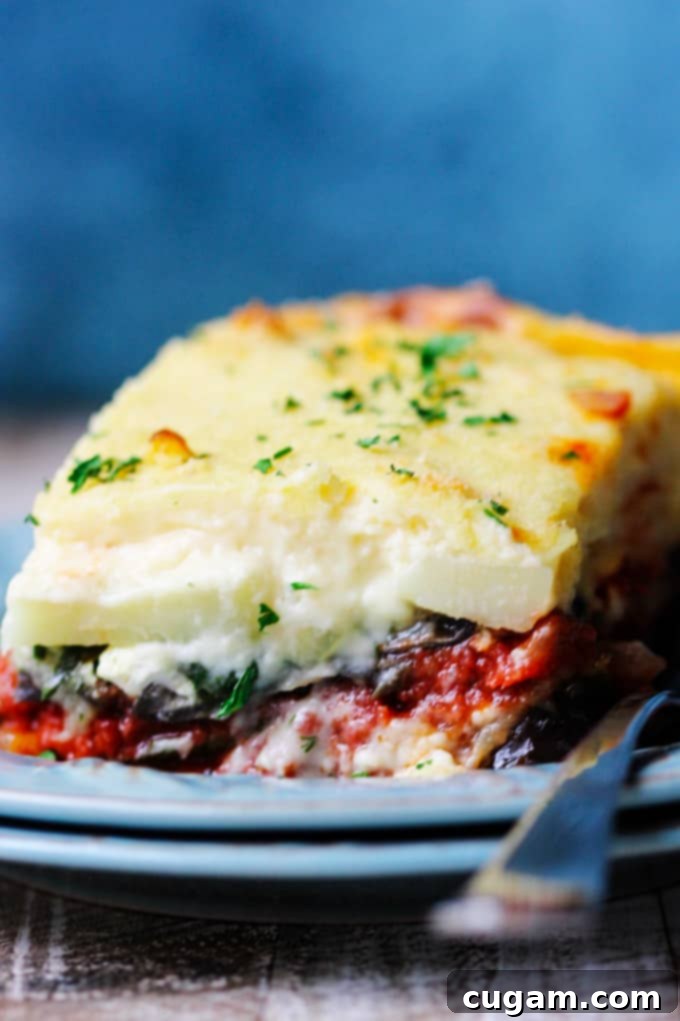 Close up shot of a piece f vegetable moussaka on a blue plate with fork