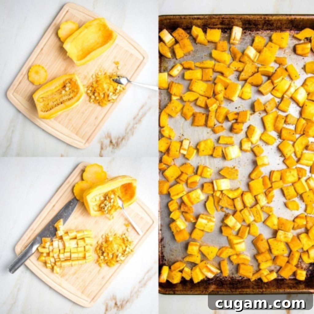 3 photos. On left side first photo delicata squash with ends cut off and halved, one part with seeds scooped out. Bottom left photo is same plus one half is cubed. Right side long photo of squash cubes roasted on rimmed baking tray.