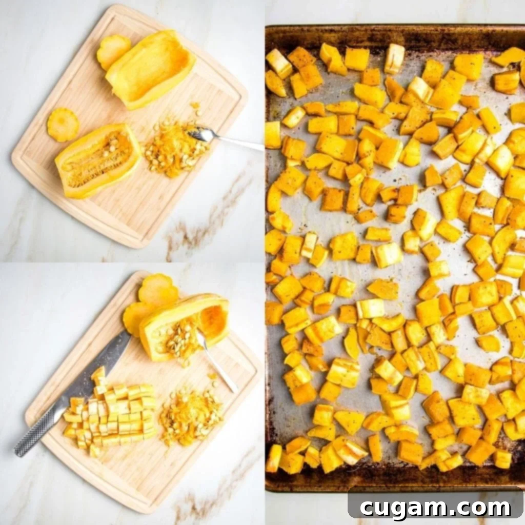 Kaleidoscope Nourish Bowl 5 3 photos. On left side first photo delicata squash with ends cut off and halved, one part with seeds scooped out. Bottom left photo is same plus one half is cubed. Right side long photo of squash cubes roasted on rimmed baking tray.