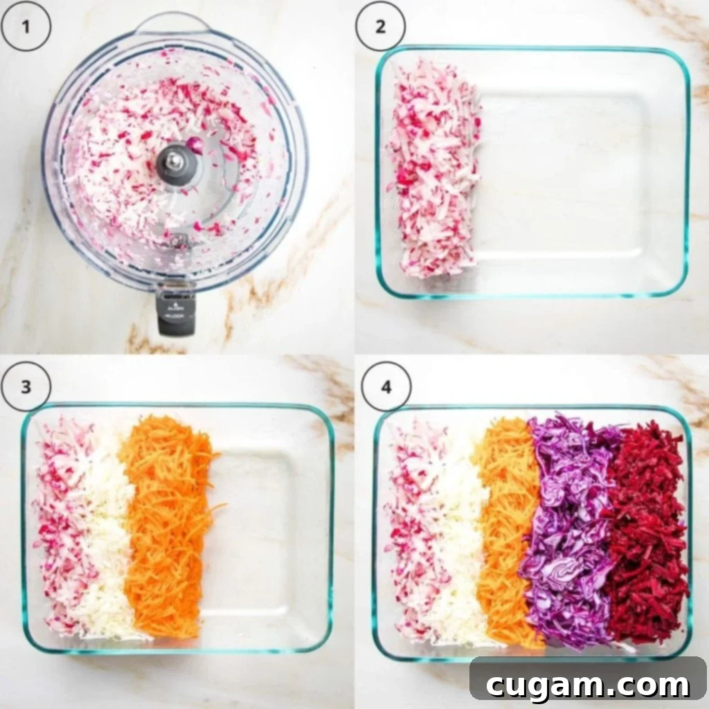 Kaleidoscope Nourish Bowl 6 Assortment of shredded vegetables in separate glass containers, ready for meal prep.