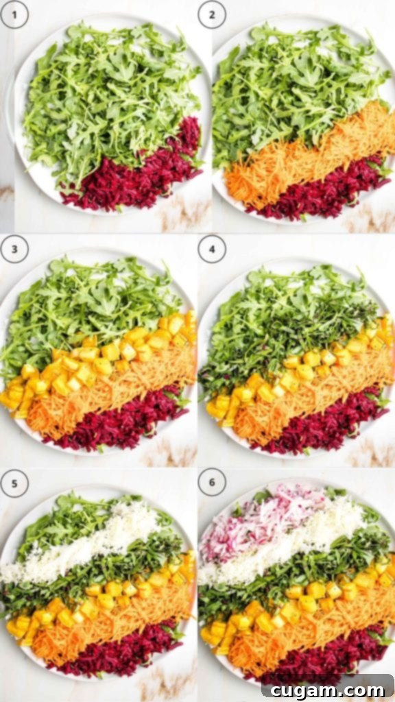 Rainbow salad in steps beginning with a bed of greens on a white round bowl, adding one color at a time until there's a rainbow of shredded beets, purple cabbage, carrots, roasted cubed squash, sliced beet greens, and radishes.