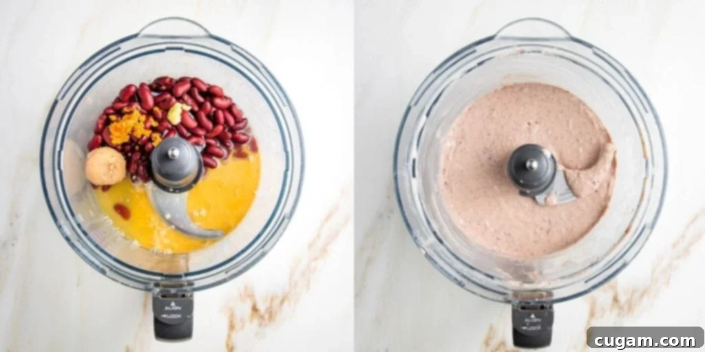 Kaleidoscope Nourish Bowl 8 Left: Ingredients for rainbow salad dressing in a food processor, including red kidney beans, miso paste, apple cider vinegar, orange zest and juice, tahini, and grated garlic. Right: The same ingredients after being pureed into a creamy pink dressing in the food processor.