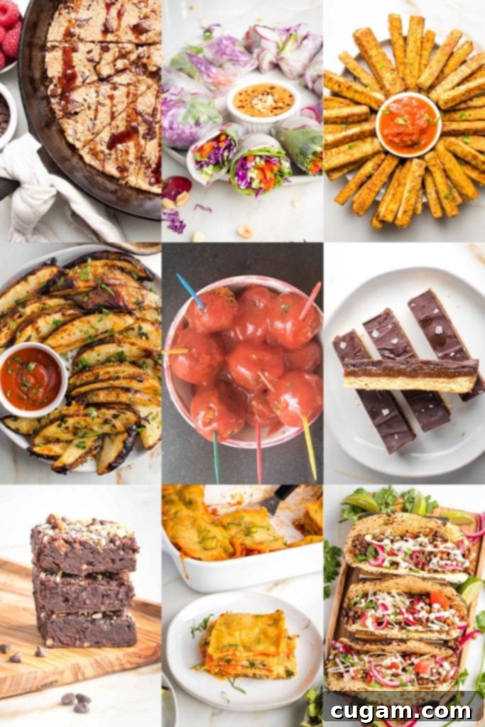Collage of food photos including cookies, brownies, meatballs, mozzarella sticks, fries, lasagna and tacos.