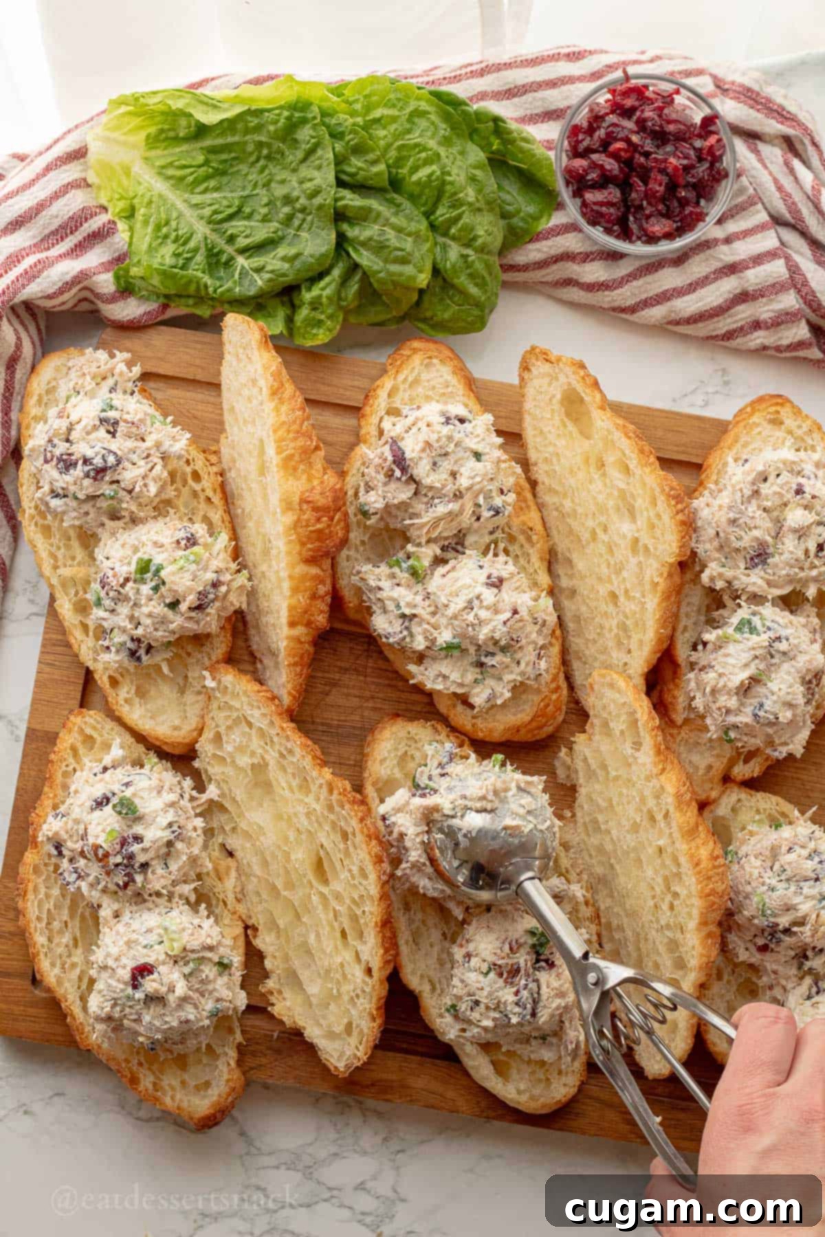 Scooping chicken pecan salad onto sliced croissants with a metal scoop.
