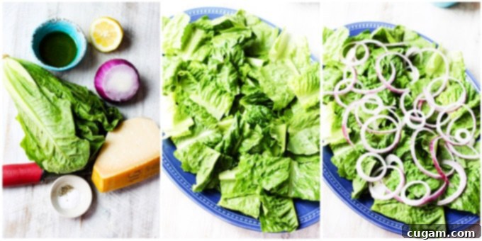 Process shots of making green salad, step-by-step assembly