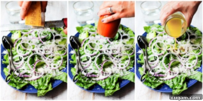 Process shots of making the best green salad, showing dressing being added