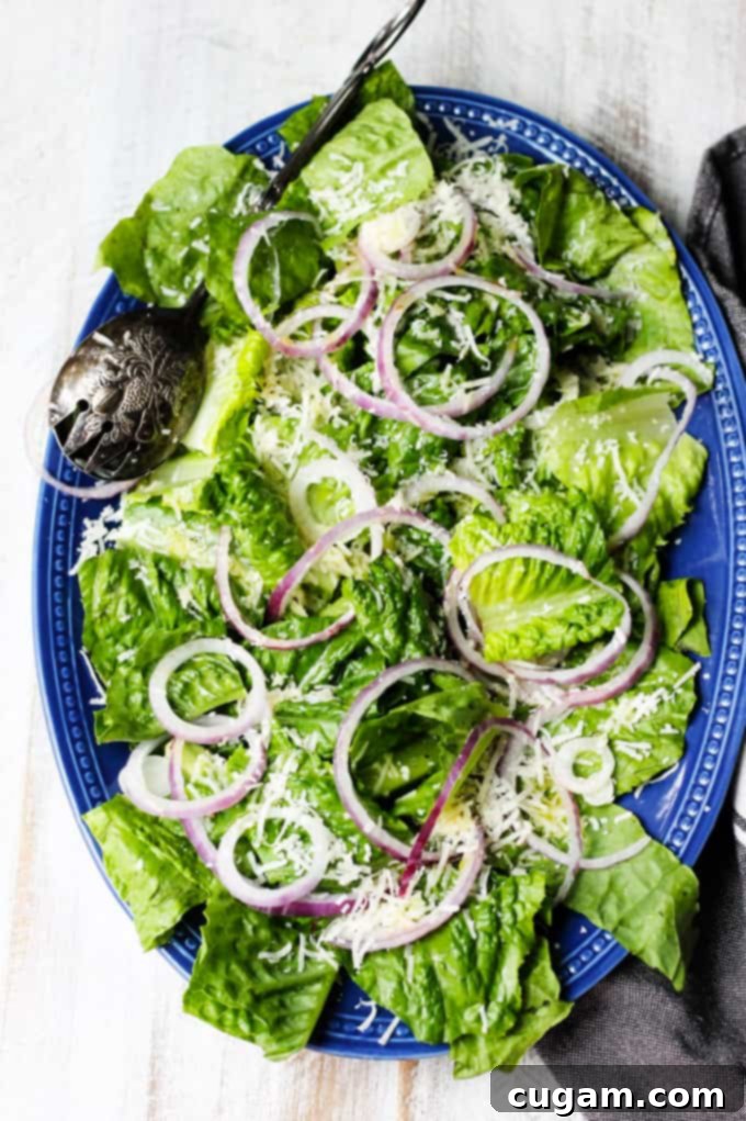 Simple green salad on a blue plate with a kitchen towel, ready to be served