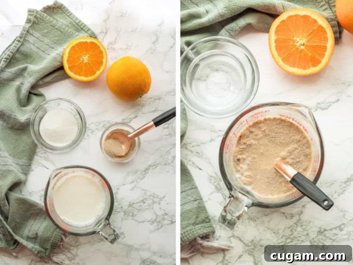 Milk, sugar, and yeast in glass bowls in one picture, mixed together in another process picture.