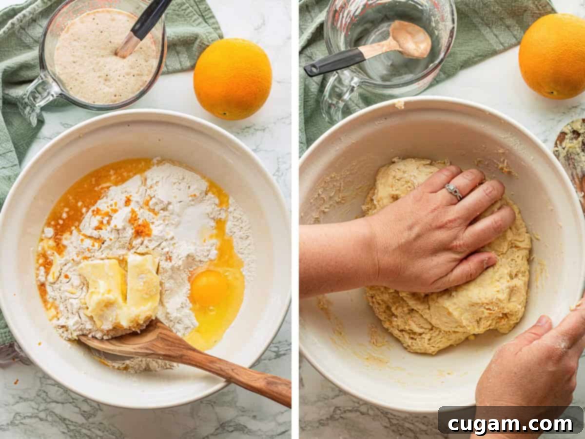 Orange roll dough ingredients in white bowl with wooden spoon, and hands mixing dough ingredients.