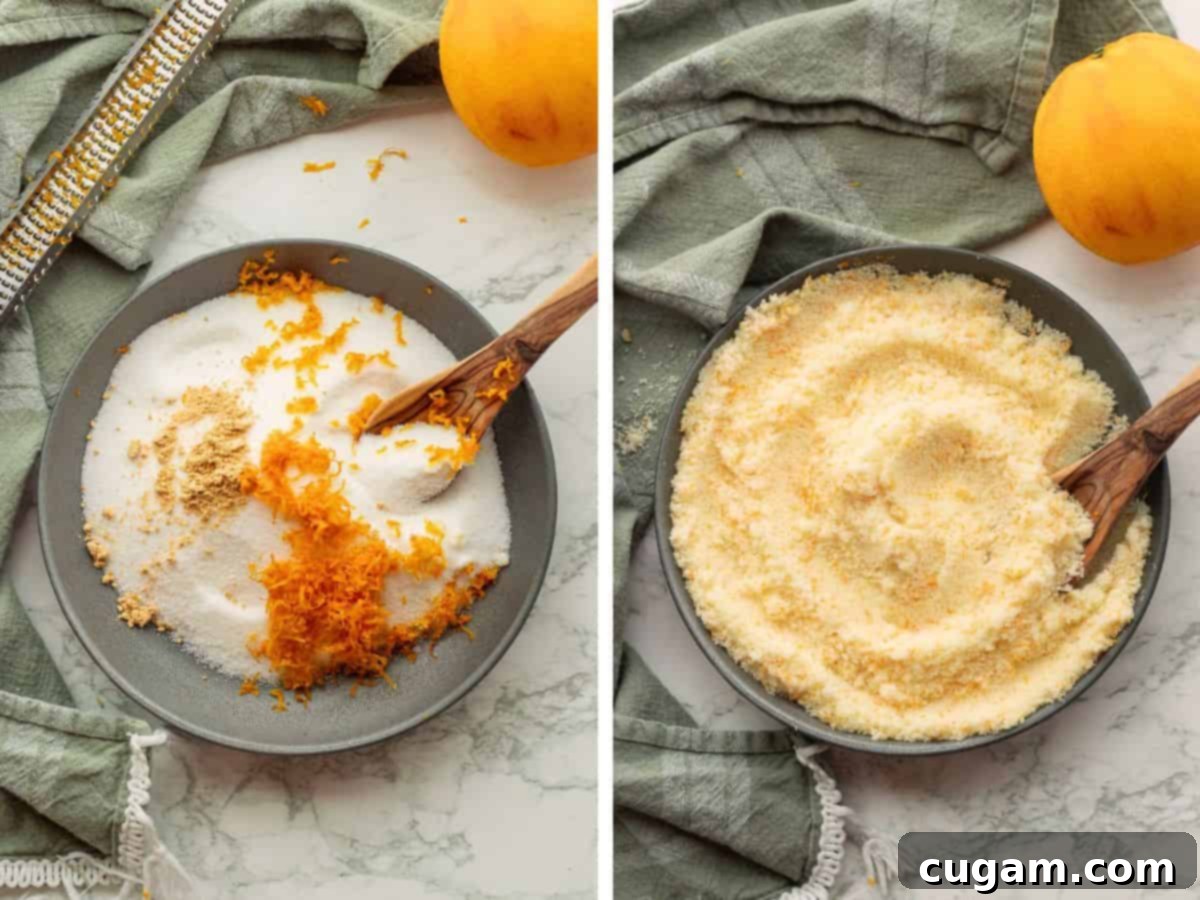 Sugar, orange zest, and ground ginger in a bowl.