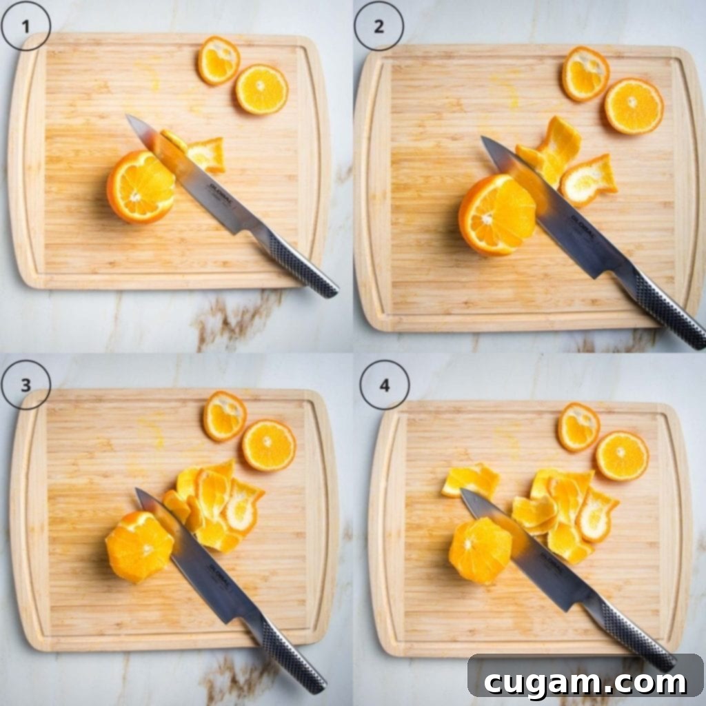 Creamy Orange Bliss 5 Step-by-step image showing how to carefully peel an orange with a knife, demonstrating the removal of the rind and pith for optimal smoothie preparation.