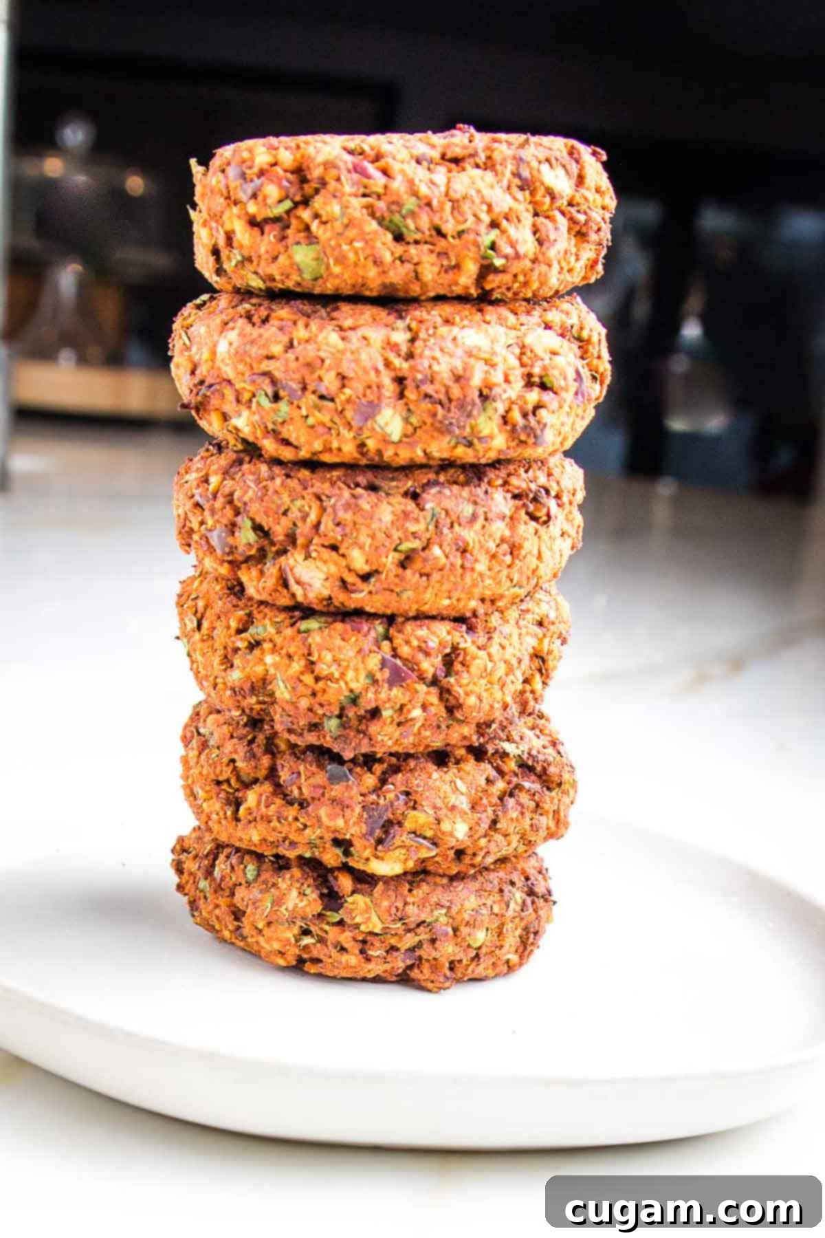 A perfectly cooked quinoa veggie burger, golden brown and firm, presented simply on its own, ready to be served.