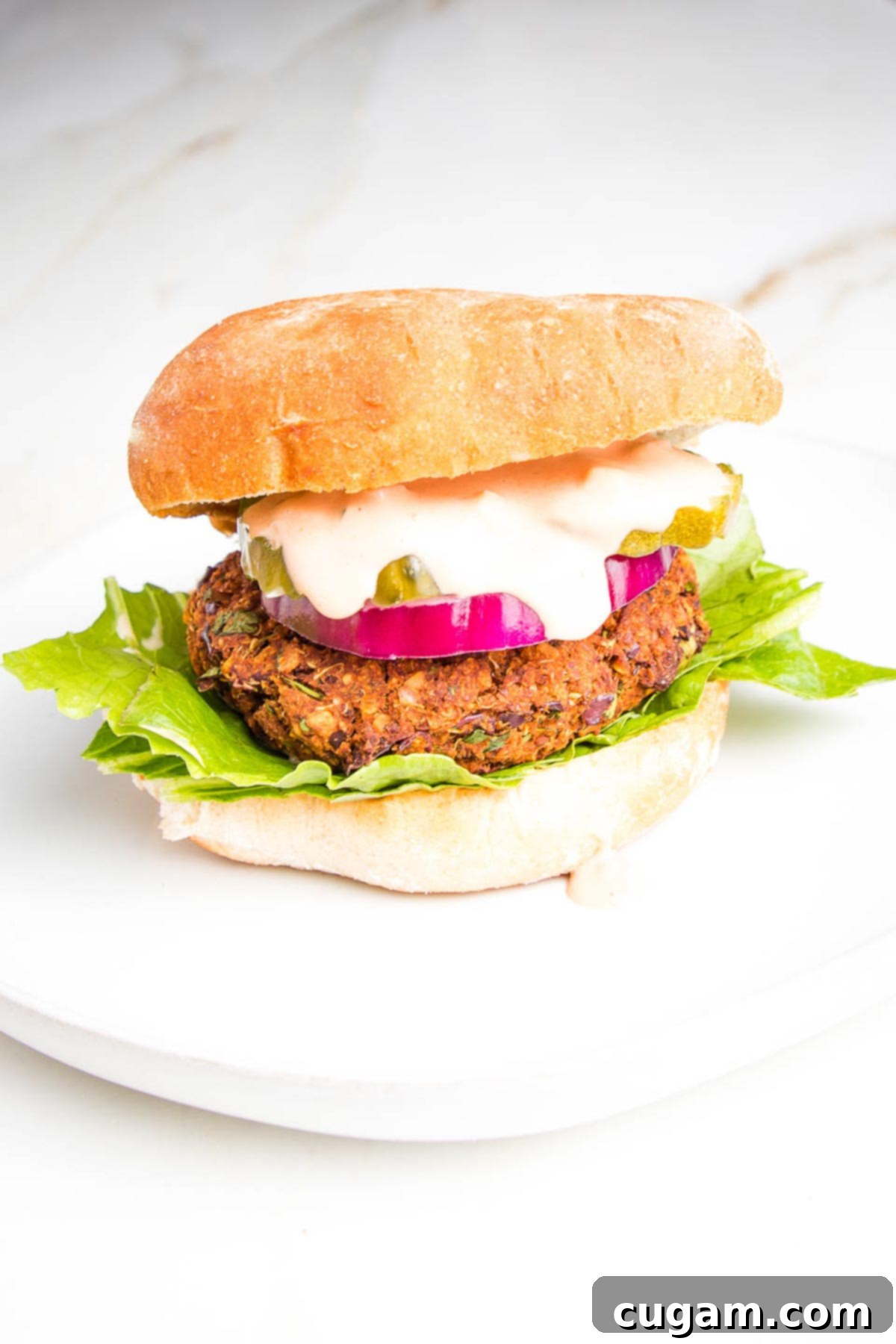 Veggie burger with crisp lettuce, juicy tomato, and a secret sauce, nestled in a soft bun.