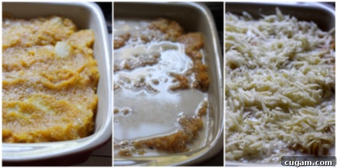 Process photos of preparing French squash gratin