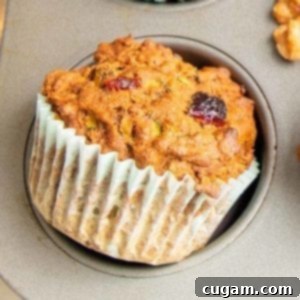 close up of a morning glory muffin, showing a dried cranberry and some shredded carrots. The muffin has a light blue paper liner sitting just outside the pan it was baked in.