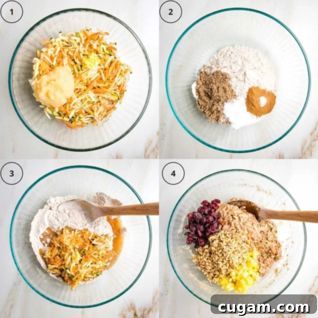 4 photos showing step by step making muffin batter. 1. Mixing wet ingredients together with shredded veggies. 2. Mixing dry ingredients together. 3. Combining the wet with the dry ingredients. 4. Gently stirring in dried cranberries, chopped walnuts and diced frozen pineapple.