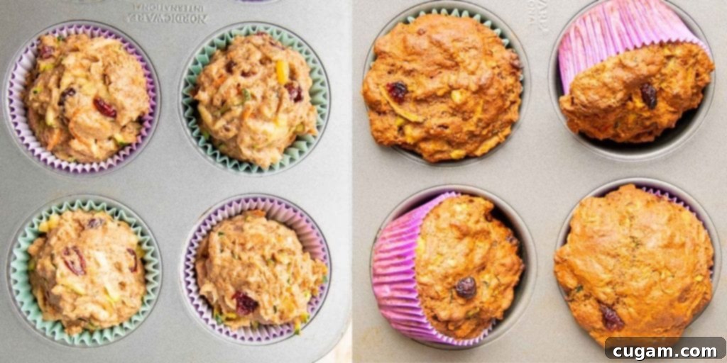 Morning glory muffins. Showing 4 muffins in tins before and after baking.
