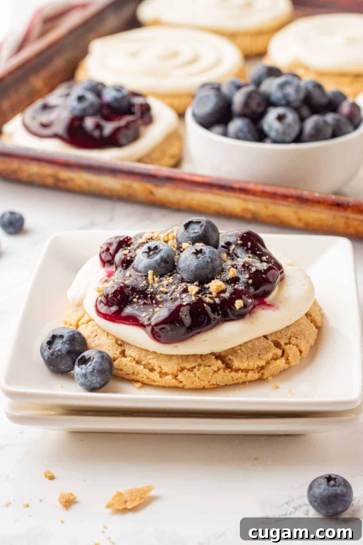 Blueberry pie filling on top of cheesecake cookie on white plate.