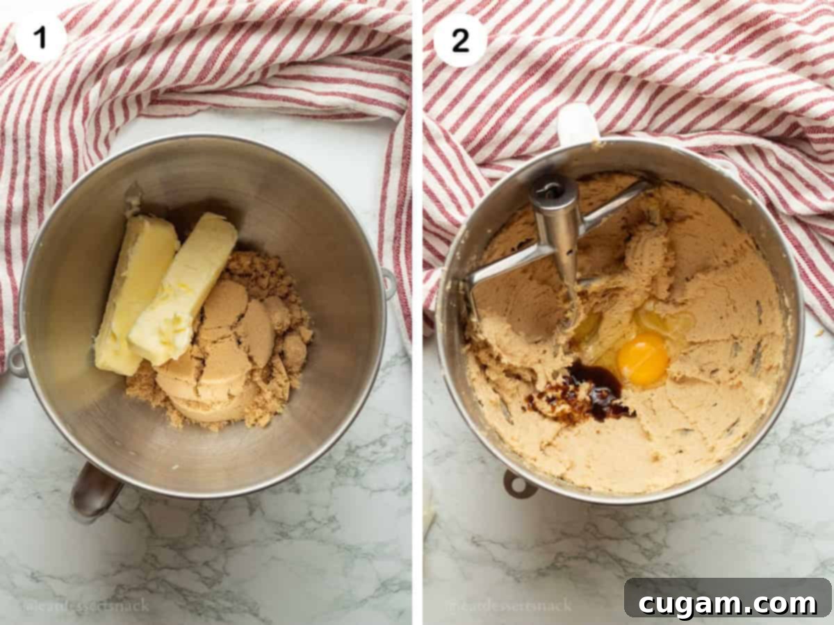 Butter and brown sugar in metal bowl, and egg and vanilla in metal mixing bowl with paddle attachment.