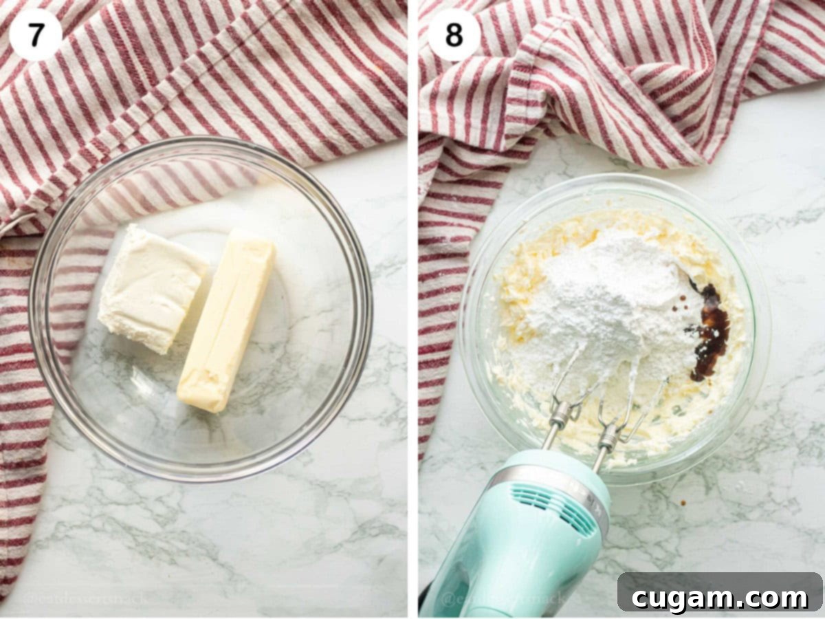 Cream cheese and butter in glass bowl and powdered sugar and vanilla in bowl.
