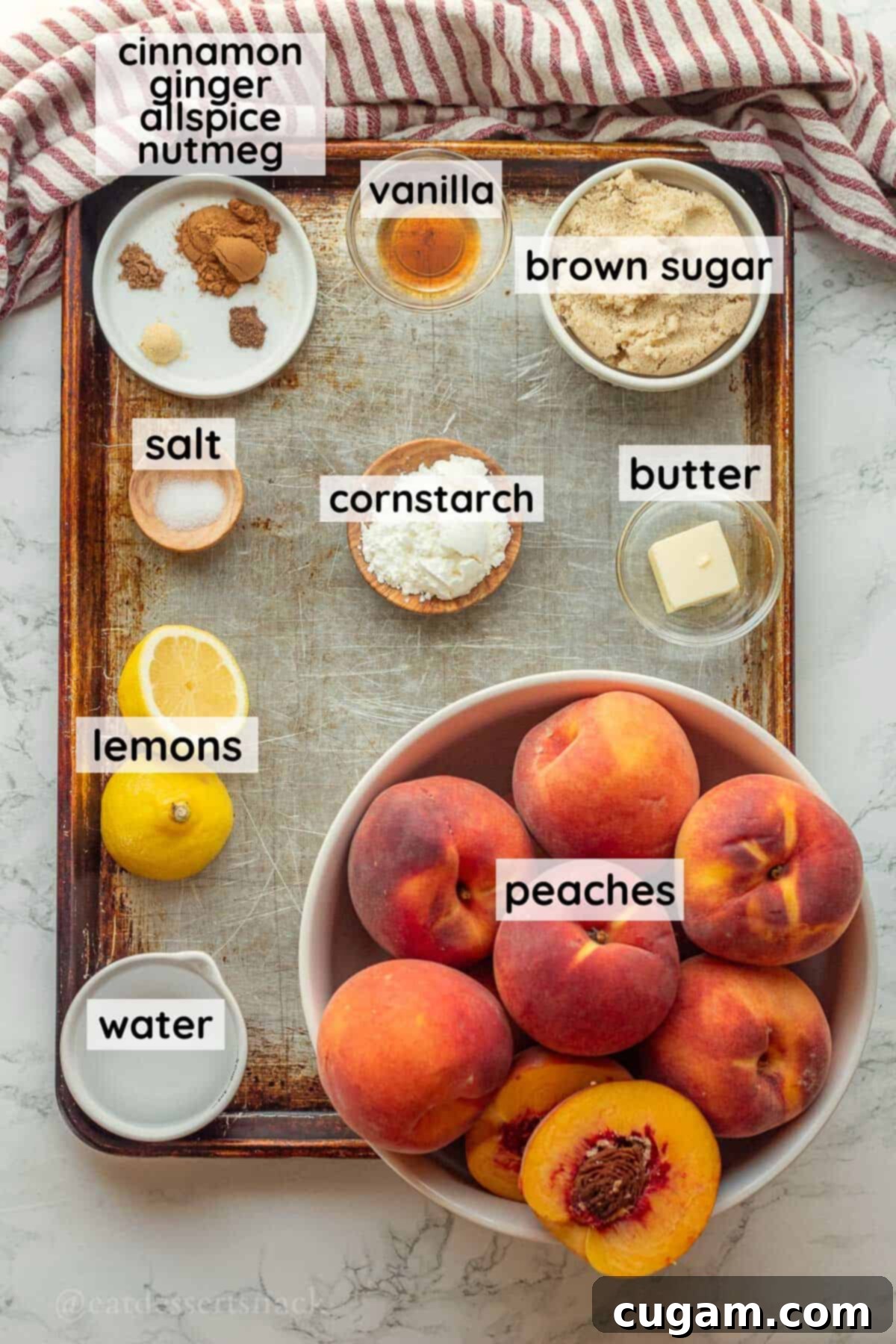 Ingredients for homemade peach pie filling in glass bowls on baking sheet.