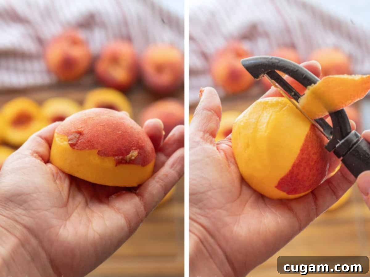 Peeling peaches with a vegetable peeler, showing top and bottom peeling technique.