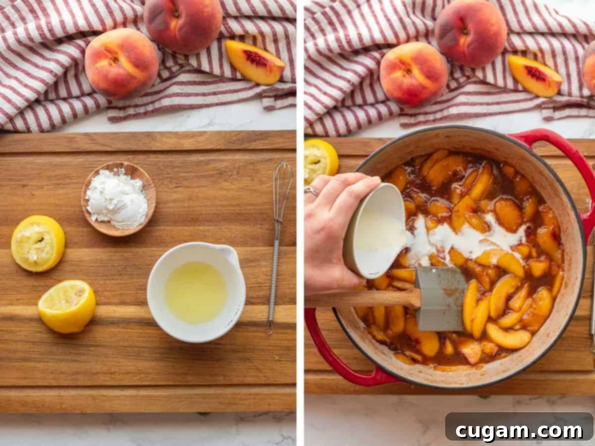 Mixing cornstarch and lemon juice in a small bowl, then pouring the slurry into the simmering peach filling.