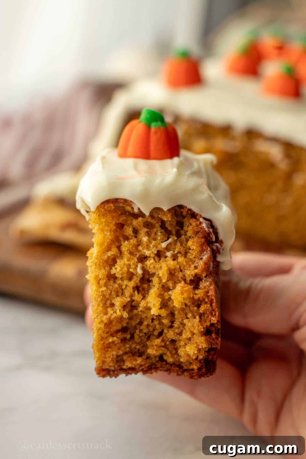 Slice of pumpkin bread with cream cheese frosting.