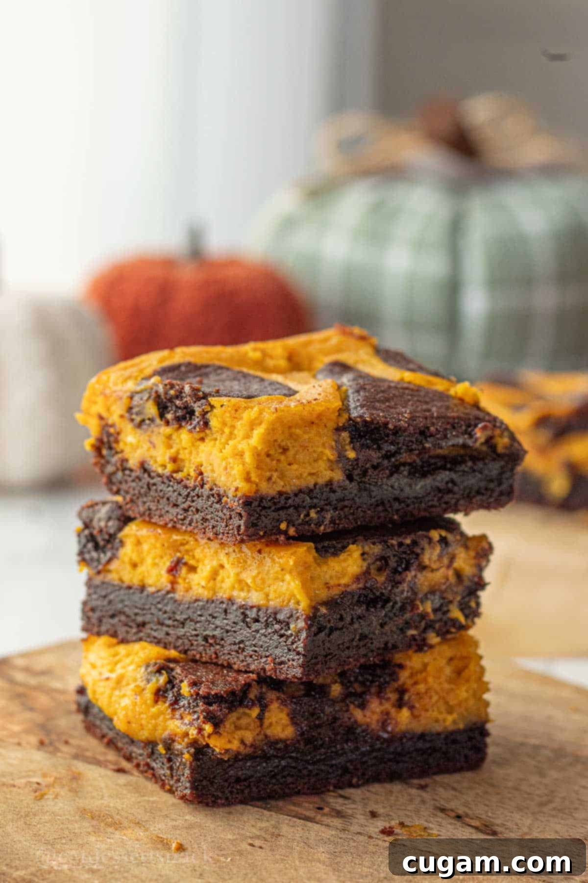 Stacked baked pumpkin cheesecake brownies.