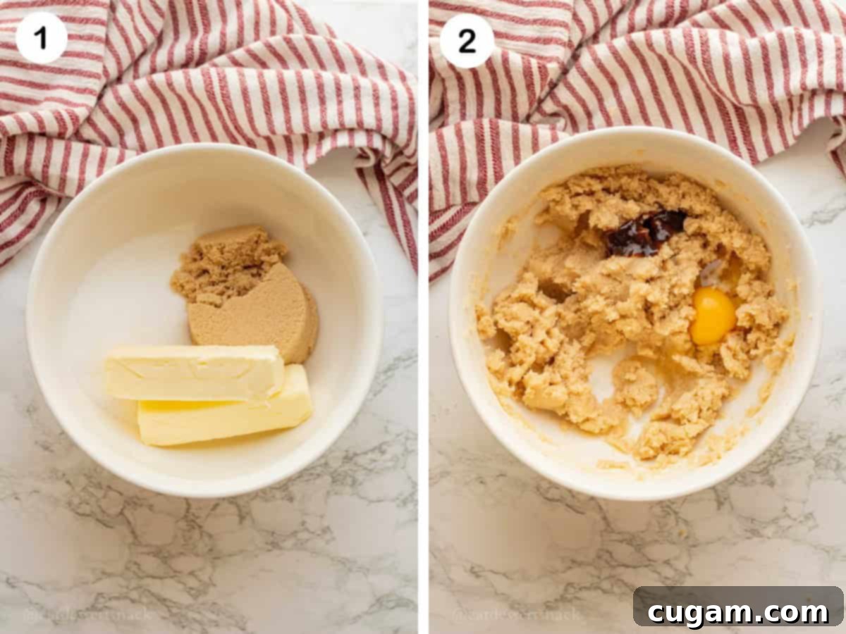 Image collage of butter and sugar in bowl, and vanilla and egg in creamed butter in a bowl.