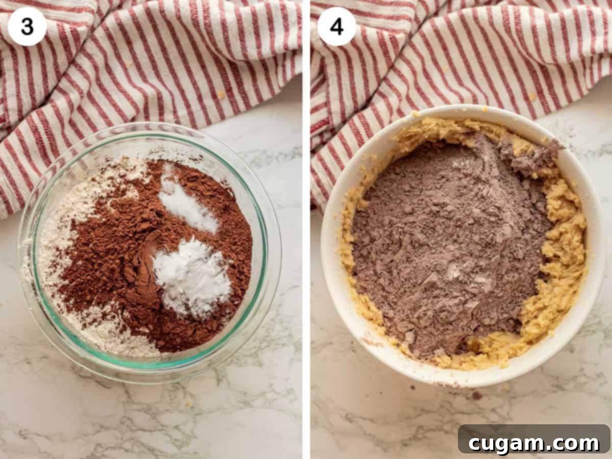Image collage of cocoa powder, flour, and salt in bowl, and then the dry ingredients being mixed into the butter.