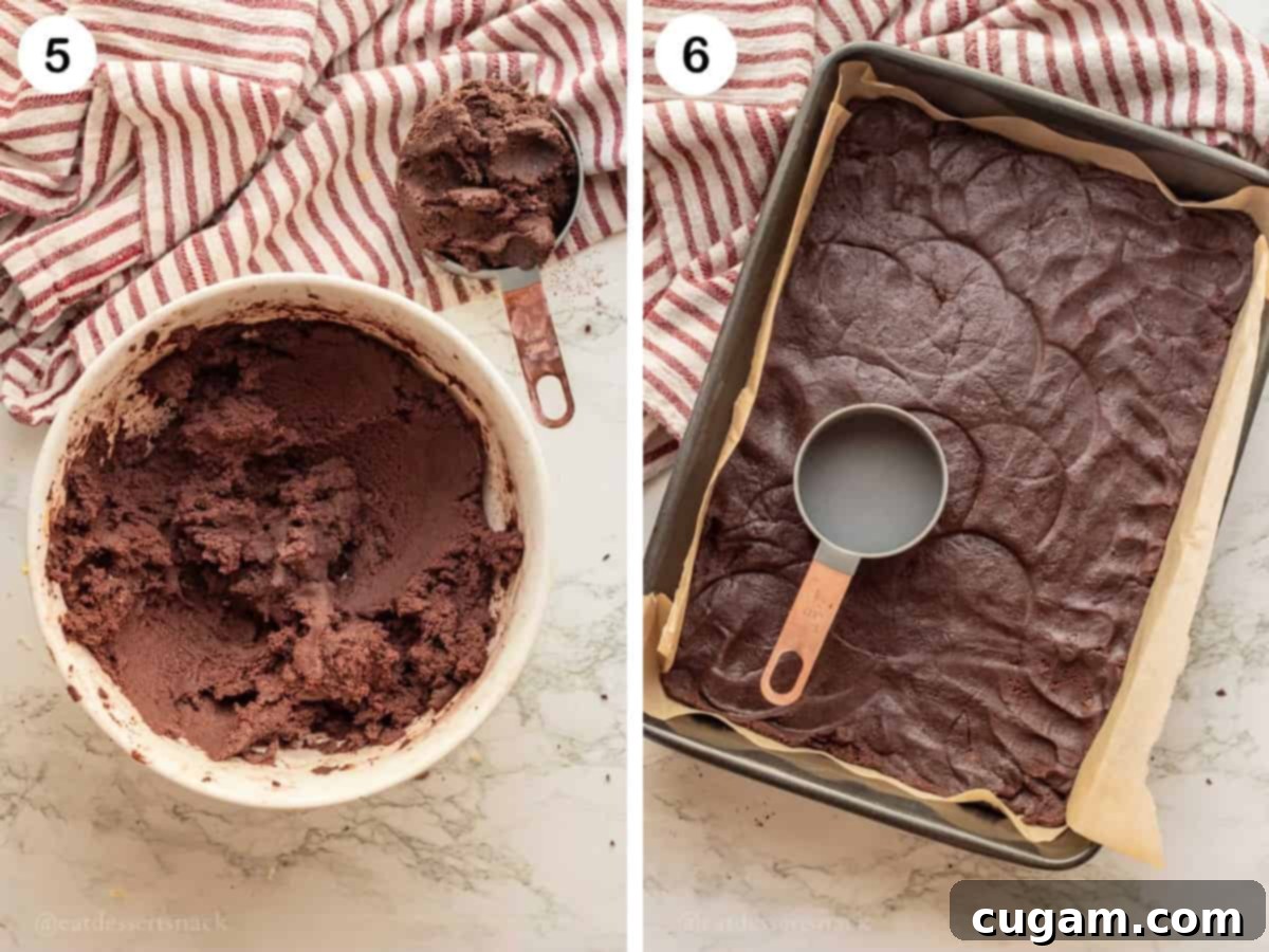 Image collage of raw brownie dough and dough being pressed into a pan with a cup.