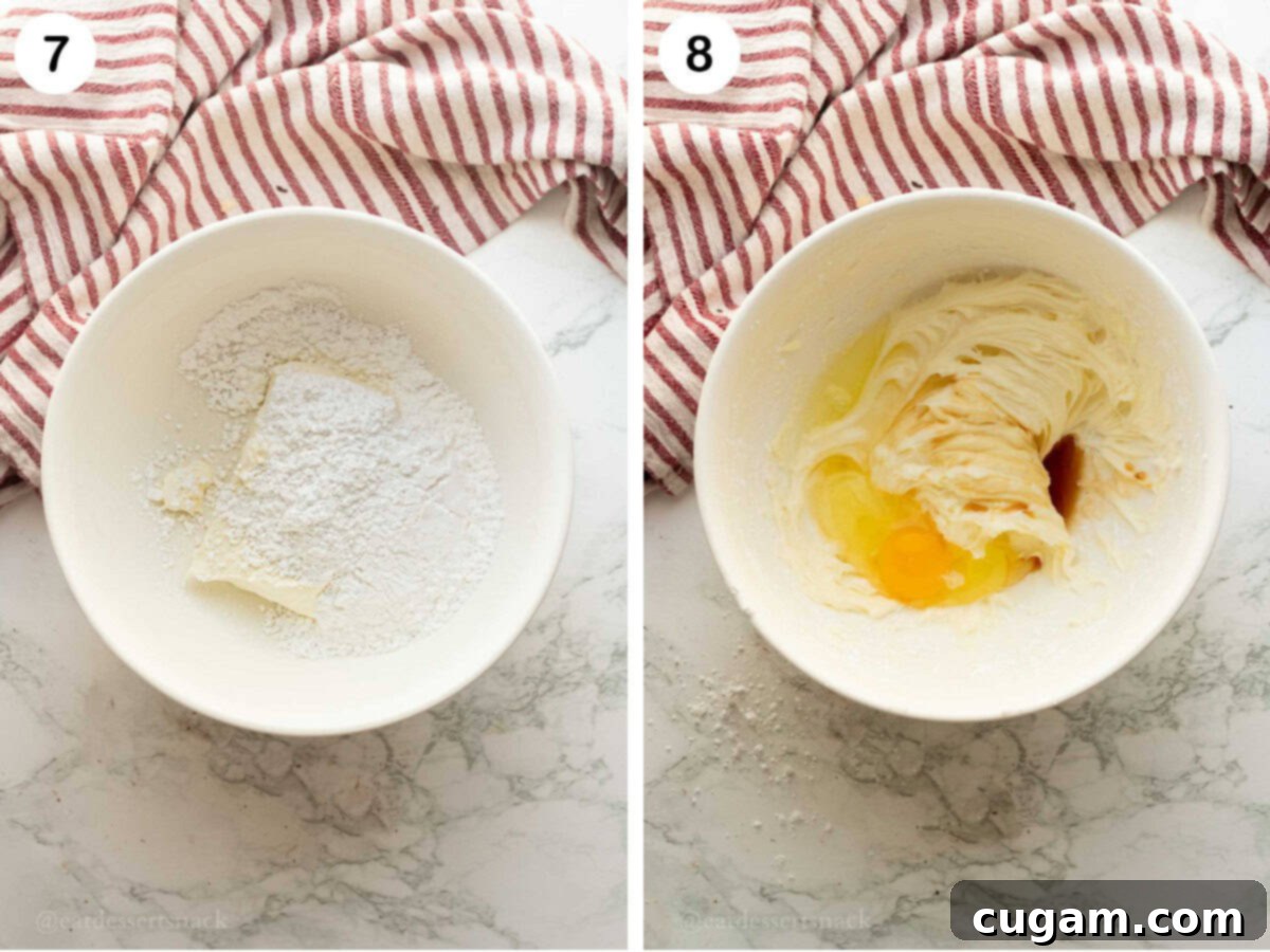 Image collage of cream cheese and powdered sugar, and egg and vanilla in powdered sugar.