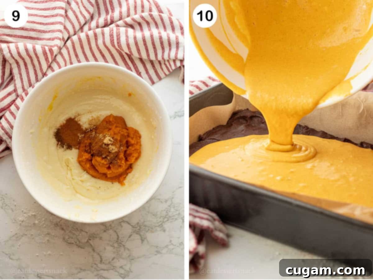 Image collage of pumpkin and spices in cream cheese mixture, and pouring mixture into pan of raw brownie dough.