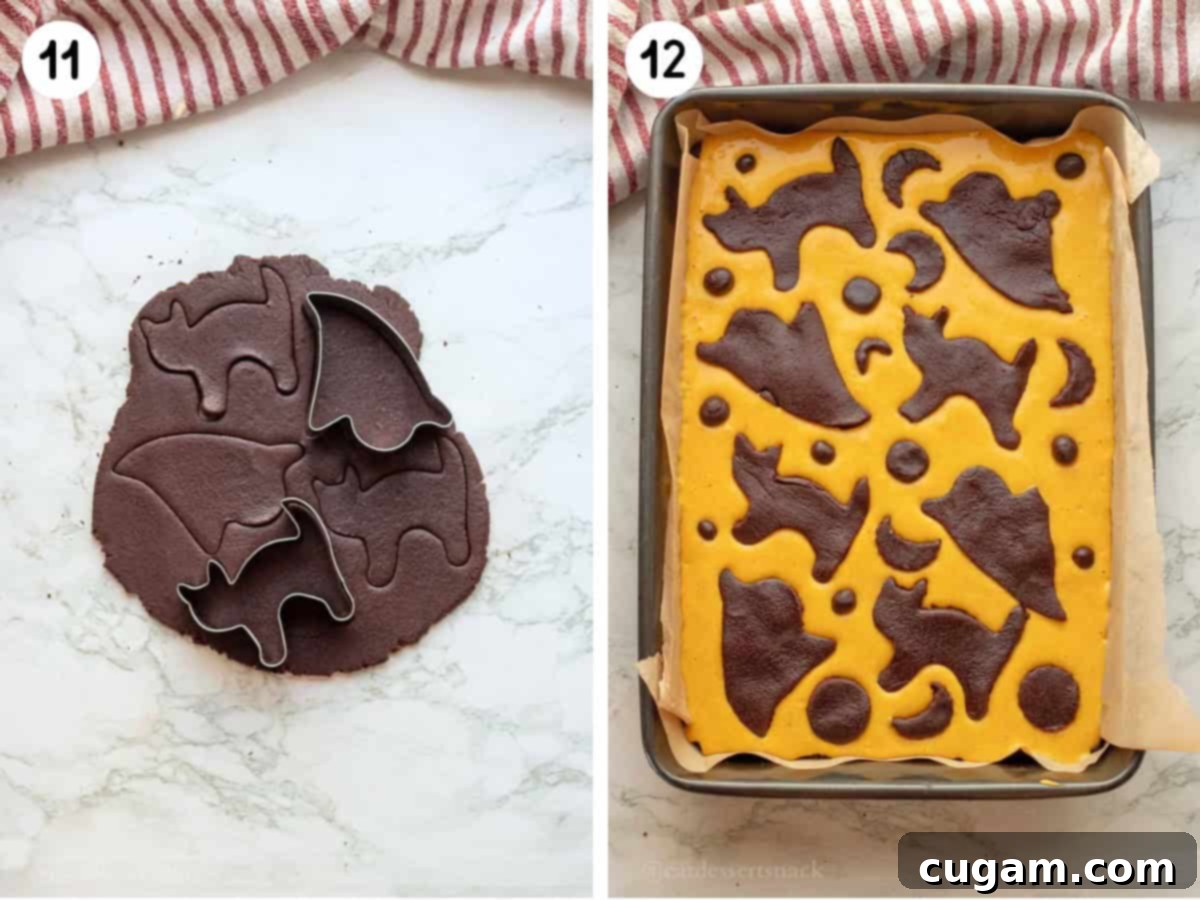 Image collage of raw brownie dough with cookie cutouts, and image cutouts on top of raw pumpkin cheesecake mixture.