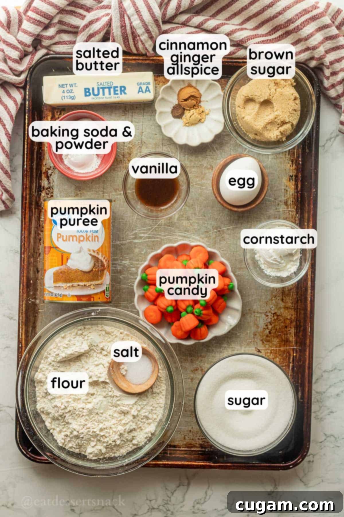 Labeled ingredients for pumpkin sugar cookies on metal pan, ready for mixing.