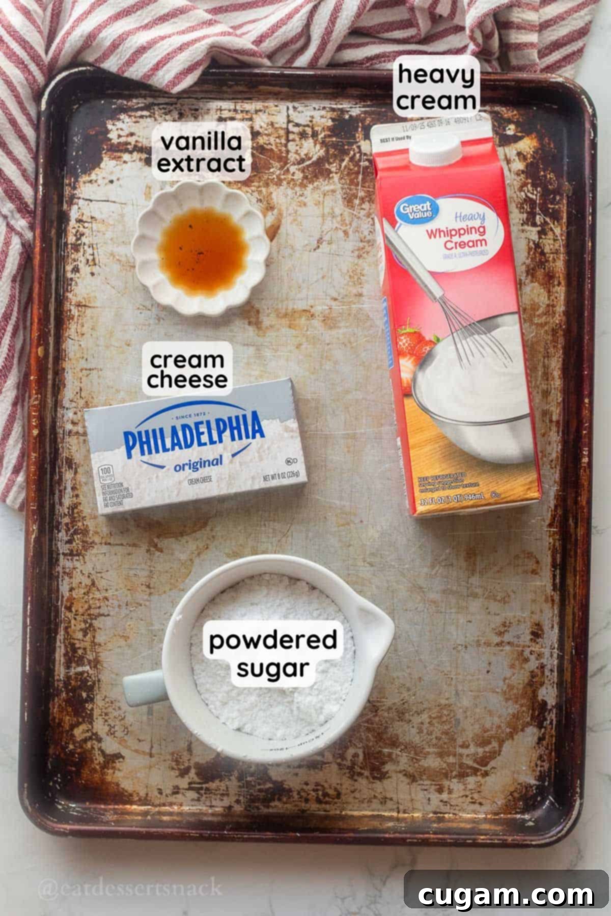 Cloud-Light Cream Cheese Whip 3 Labeled ingredients for stable cream cheese whipped cream on metal baking sheet.